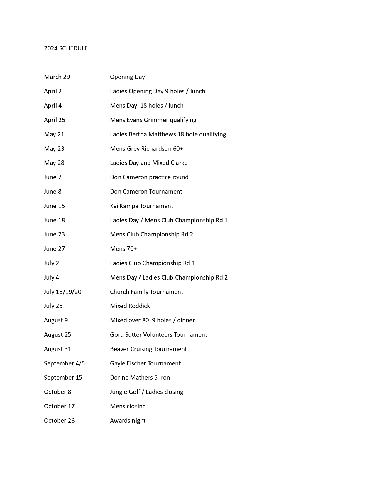 Schedule - Pender Island Golf and Country Club